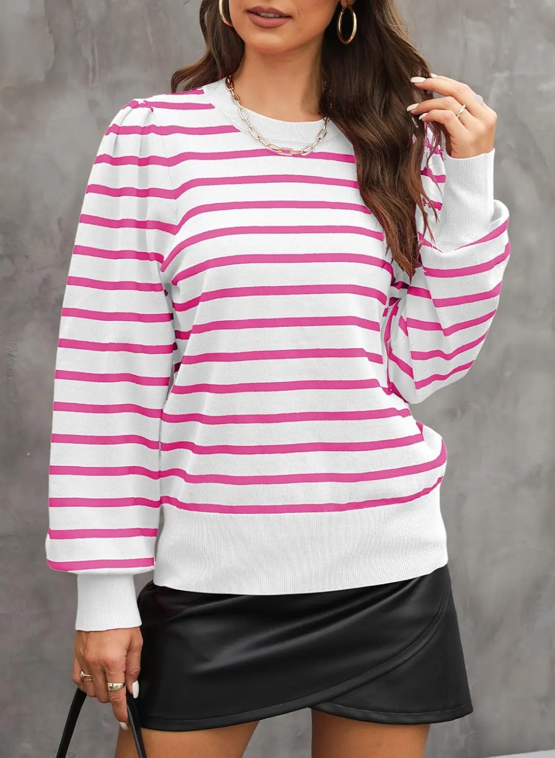 Dokotoo Women's Striped Sweaters Puff Long Sleeve Crewneck Ribbed Knit Pullover Jumper Tops