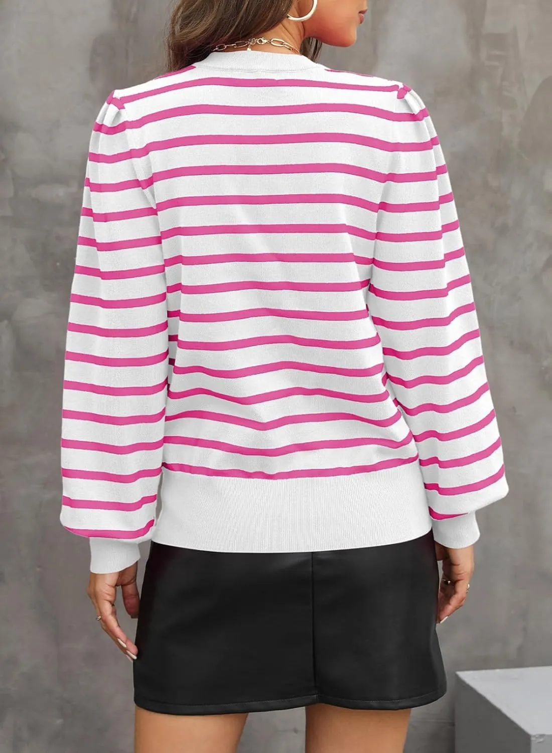 Dokotoo Women's Striped Sweaters Puff Long Sleeve Crewneck Ribbed Knit Pullover Jumper Tops