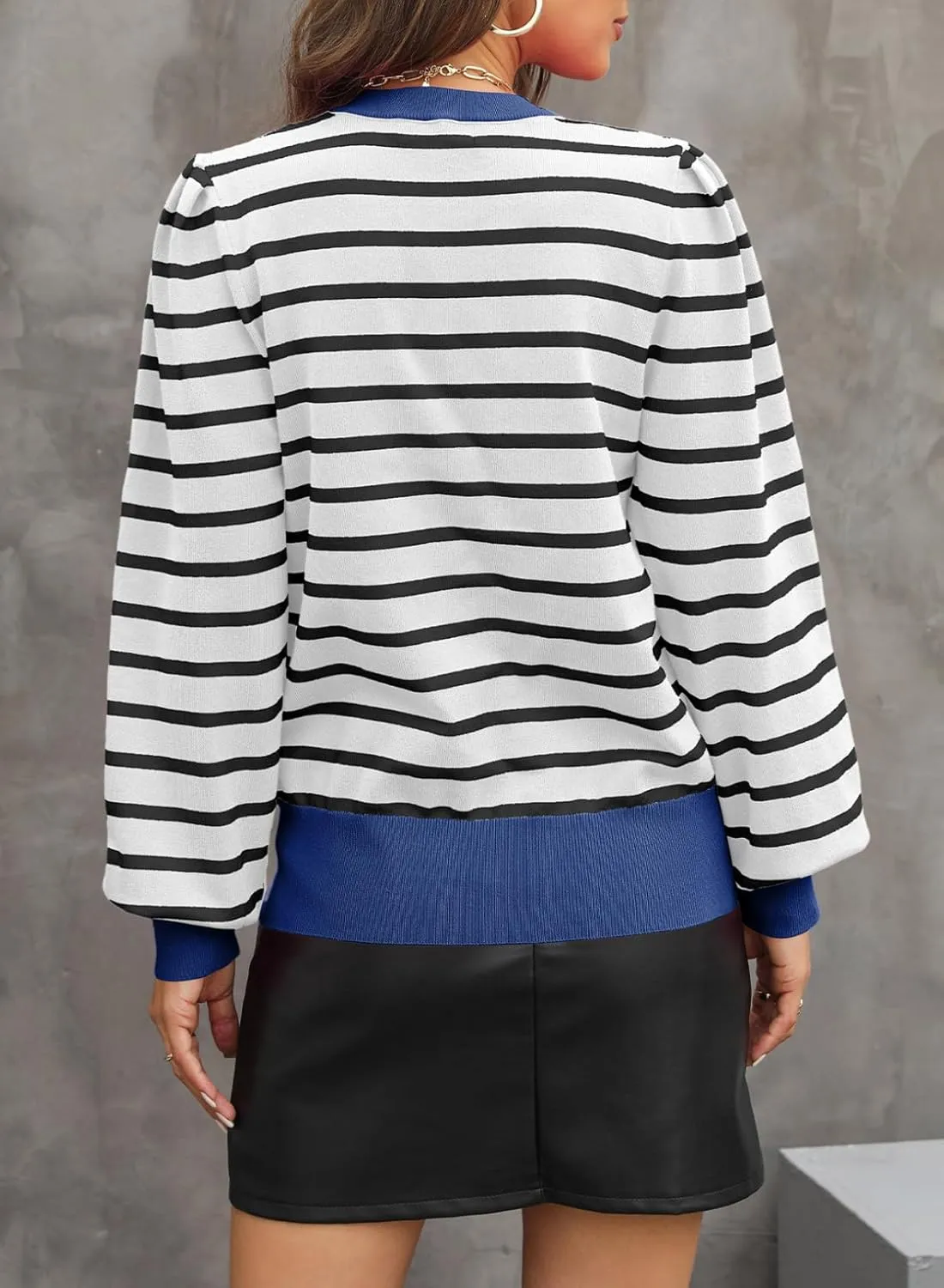 Dokotoo Women's Striped Sweaters Puff Long Sleeve Crewneck Ribbed Knit Pullover Jumper Tops