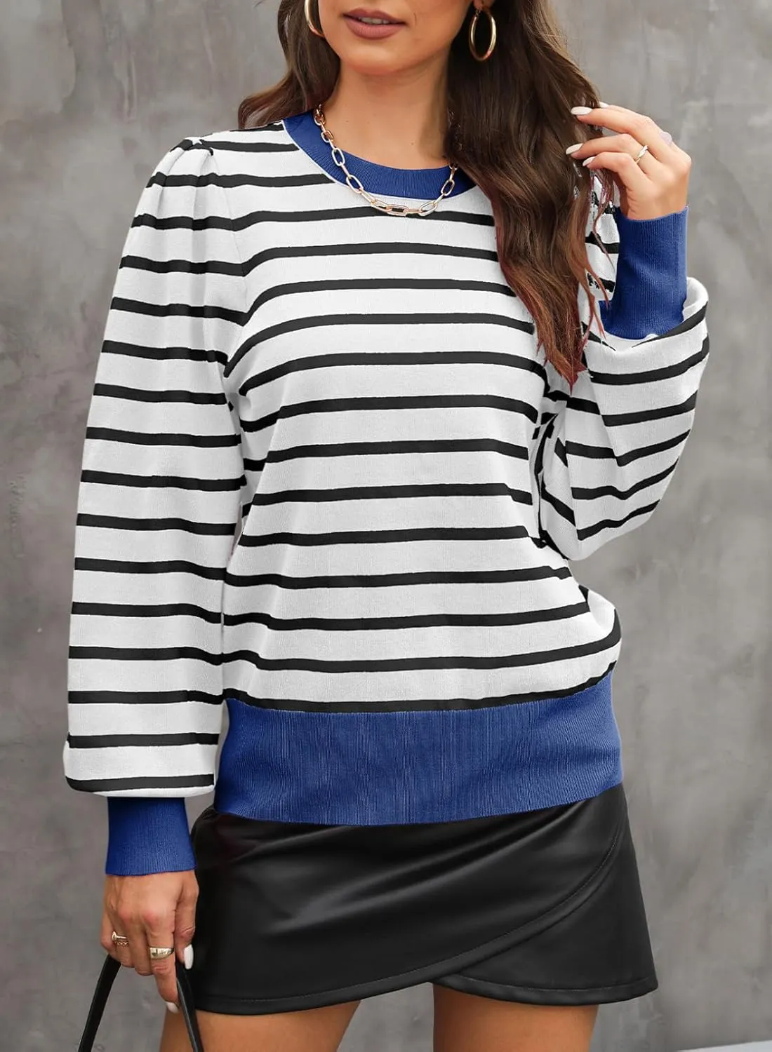 Dokotoo Women's Striped Sweaters Puff Long Sleeve Crewneck Ribbed Knit Pullover Jumper Tops