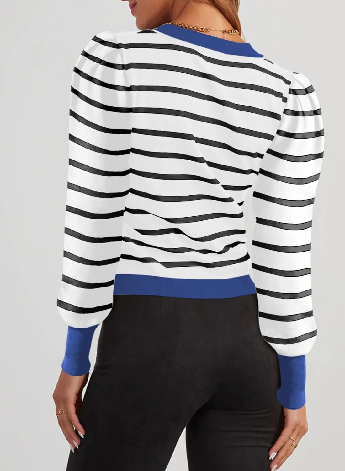 Dokotoo Women's Striped Sweaters Puff Long Sleeve Crewneck Ribbed Knit Pullover Jumper Tops