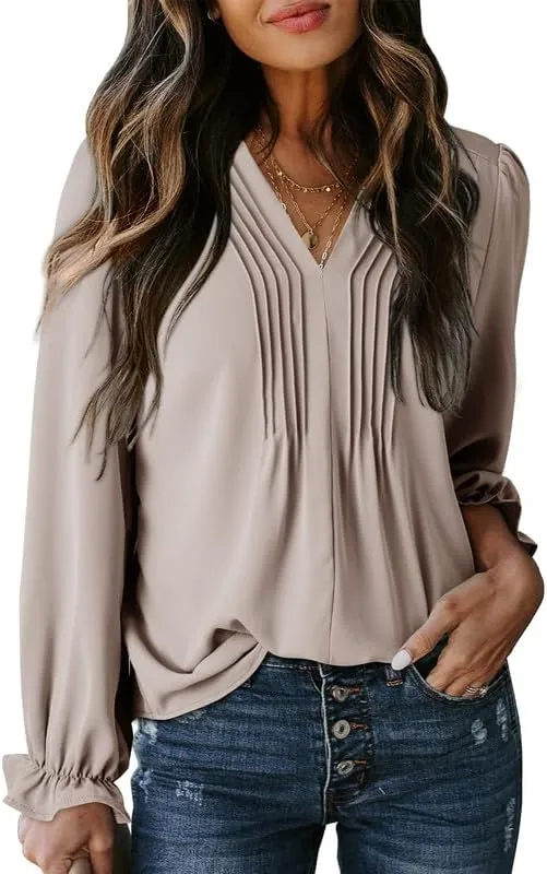 Dokotoo Womens Tops Casual Pleated V Neck Puff Long Sleeve T Shirts Loose Tunic Business Blouse