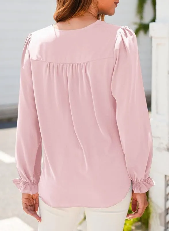 Dokotoo Womens Tops Casual Pleated V Neck Puff Long Sleeve T Shirts Loose Tunic Business Blouse