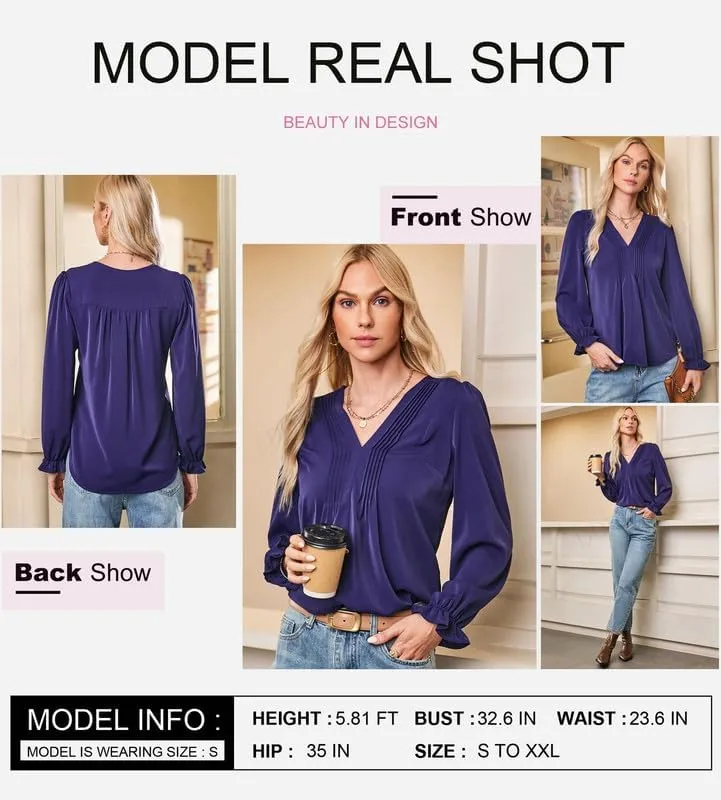 Dokotoo Womens Tops Casual Pleated V Neck Puff Long Sleeve T Shirts Loose Tunic Business Blouse