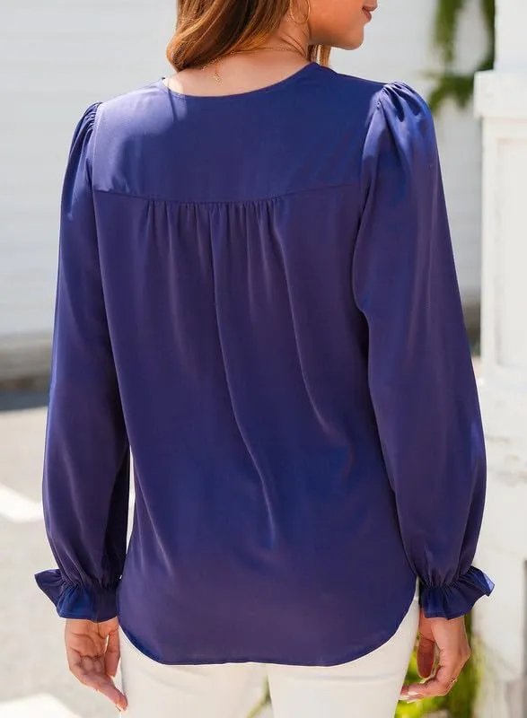Dokotoo Womens Tops Casual Pleated V Neck Puff Long Sleeve T Shirts Loose Tunic Business Blouse