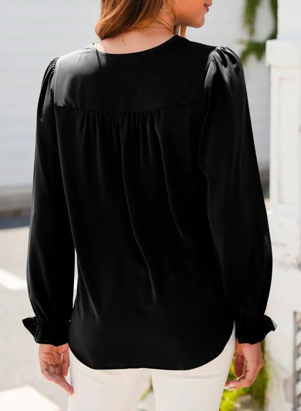 Dokotoo Womens Tops Casual Pleated V Neck Puff Long Sleeve T Shirts Loose Tunic Business Blouse