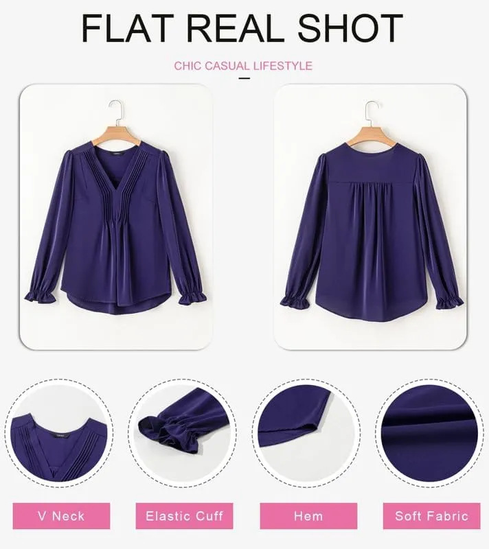 Dokotoo Womens Tops Casual Pleated V Neck Puff Long Sleeve T Shirts Loose Tunic Business Blouse