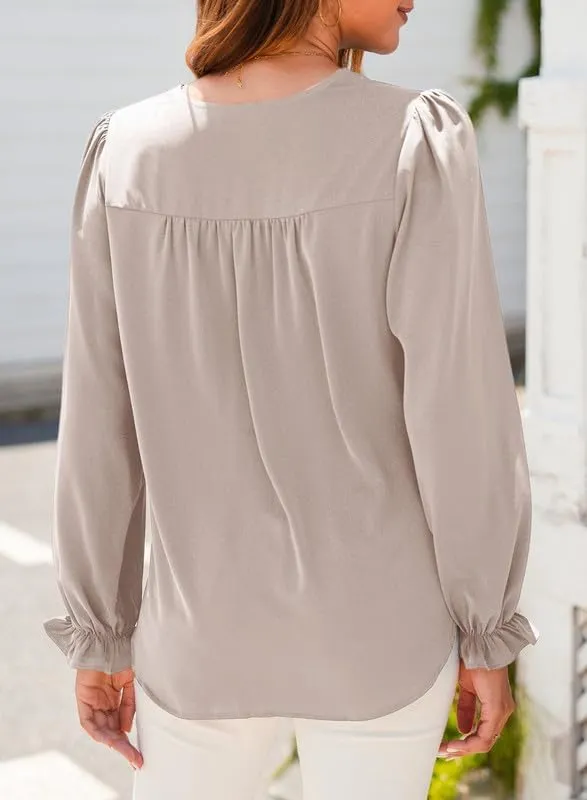 Dokotoo Womens Tops Casual Pleated V Neck Puff Long Sleeve T Shirts Loose Tunic Business Blouse