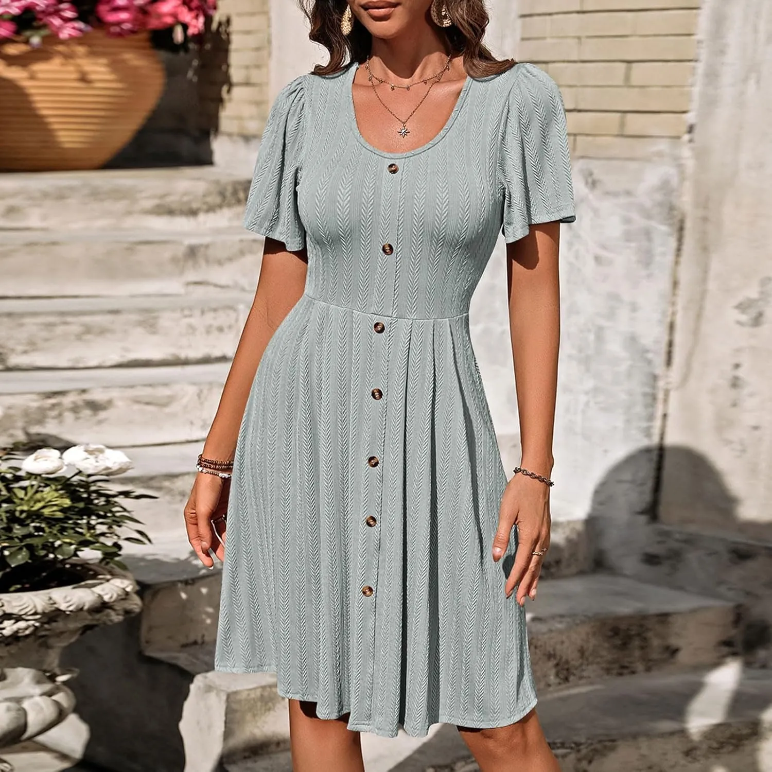 Dresses for Teens Floral Summer Dress Ruffle Sleeve Crewneck Flowy Swing Mini Dresses with Pockets