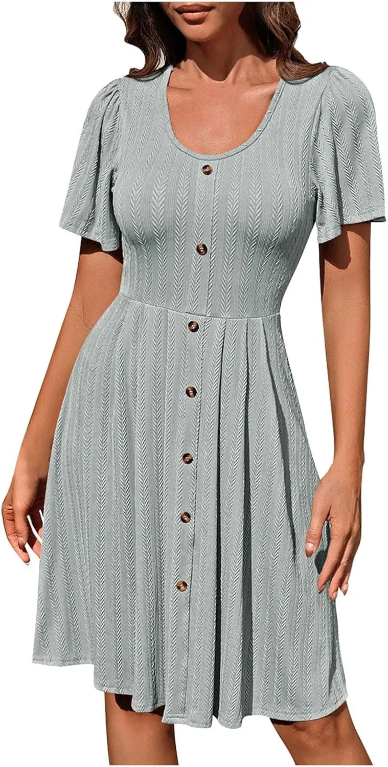 Dresses for Teens Floral Summer Dress Ruffle Sleeve Crewneck Flowy Swing Mini Dresses with Pockets