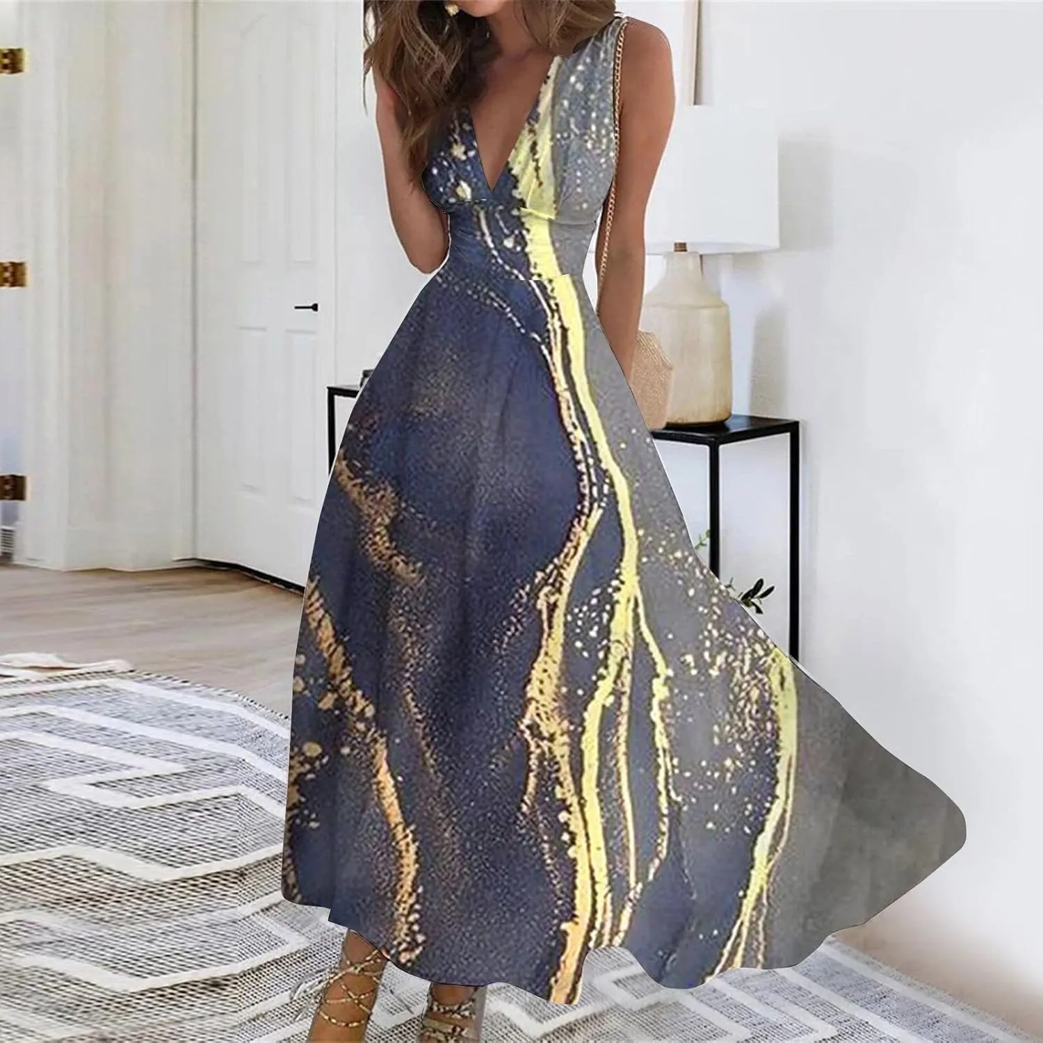Dresses for Women 2025 Spring Summer Elegant Wrap V Neck Sleeveless Maxi Dress,Trendy Marble Print Flowy Beach Dress