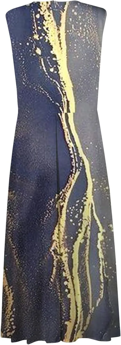 Dresses for Women 2025 Spring Summer Elegant Wrap V Neck Sleeveless Maxi Dress,Trendy Marble Print Flowy Beach Dress