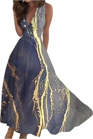 Dresses for Women 2025 Spring Summer Elegant Wrap V Neck Sleeveless Maxi Dress,Trendy Marble Print Flowy Beach Dress