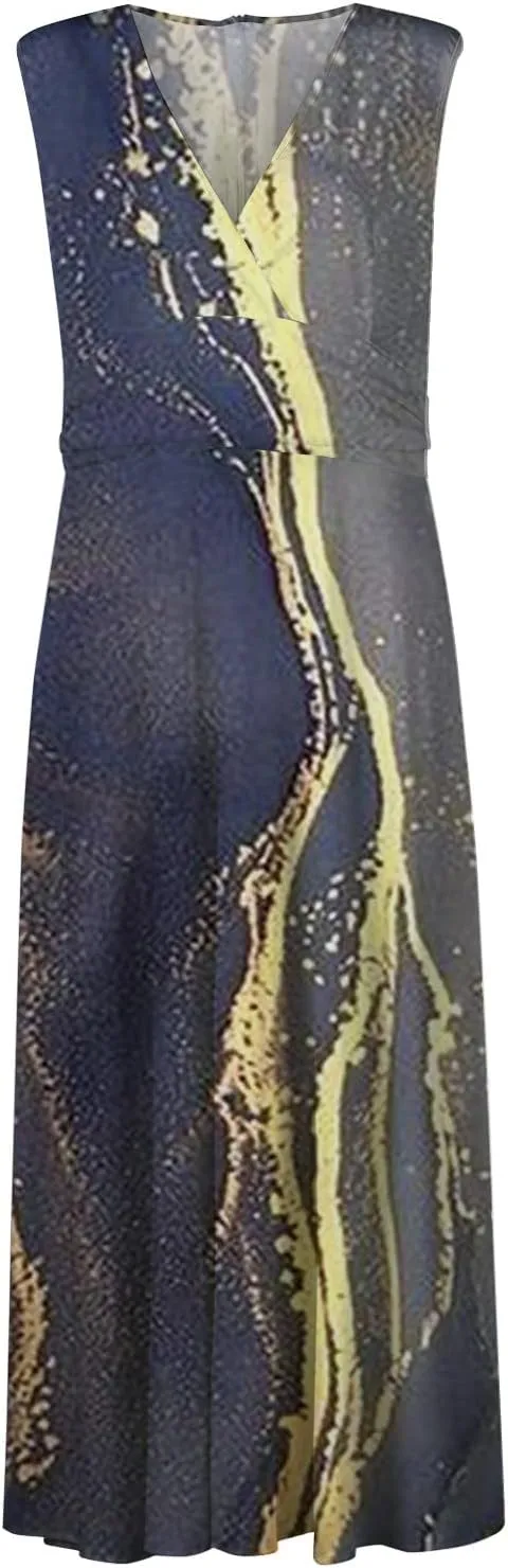 Dresses for Women 2025 Spring Summer Elegant Wrap V Neck Sleeveless Maxi Dress,Trendy Marble Print Flowy Beach Dress