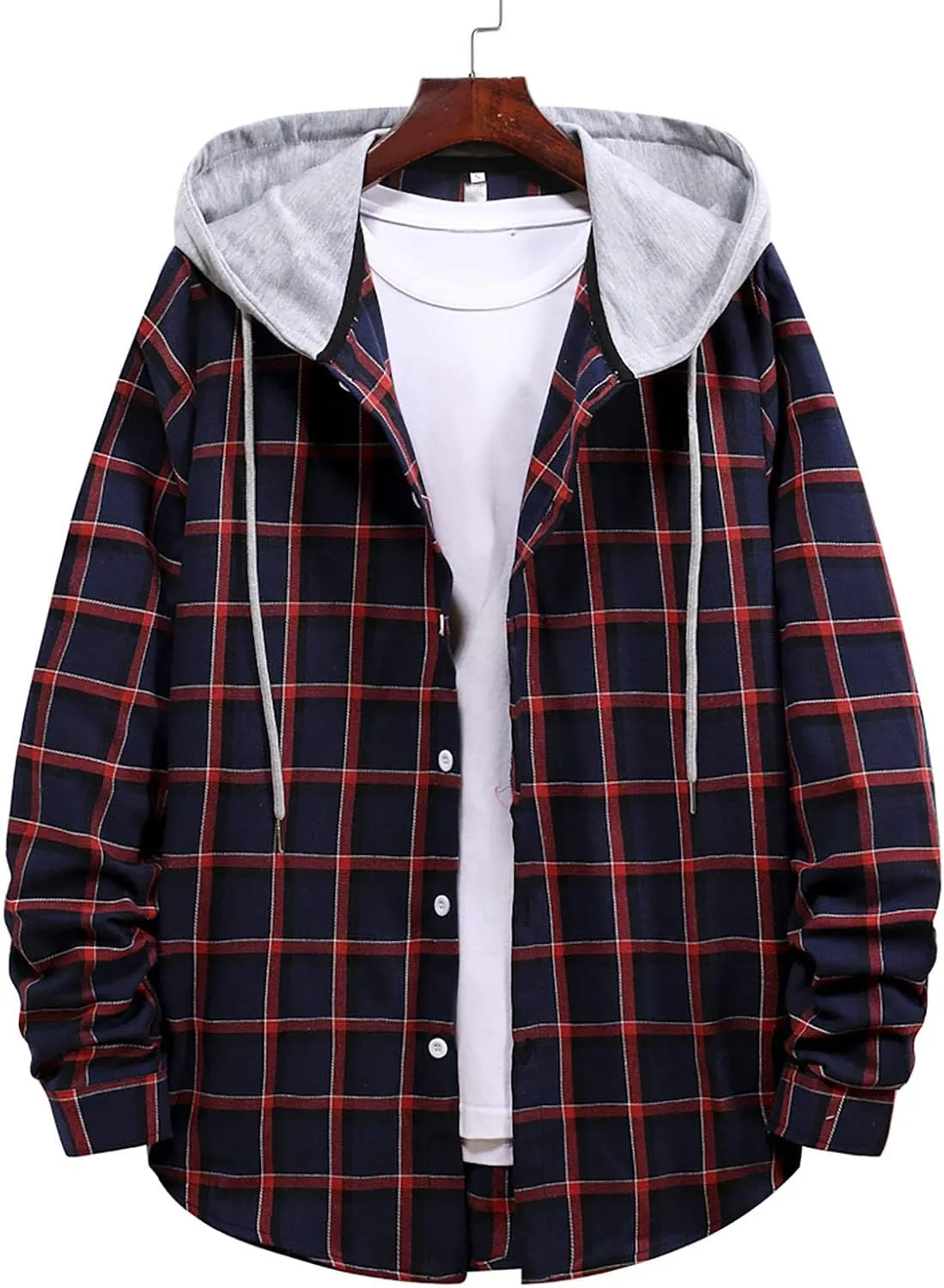 DuDubaby Men's Fashion Hoodies & Sweatshirts Fashion Hooded And Plaid Long Sleeve Shirt Jacket Coat