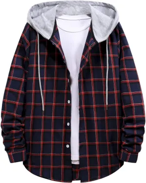 DuDubaby Men's Fashion Hoodies & Sweatshirts Fashion Hooded And Plaid Long Sleeve Shirt Jacket Coat
