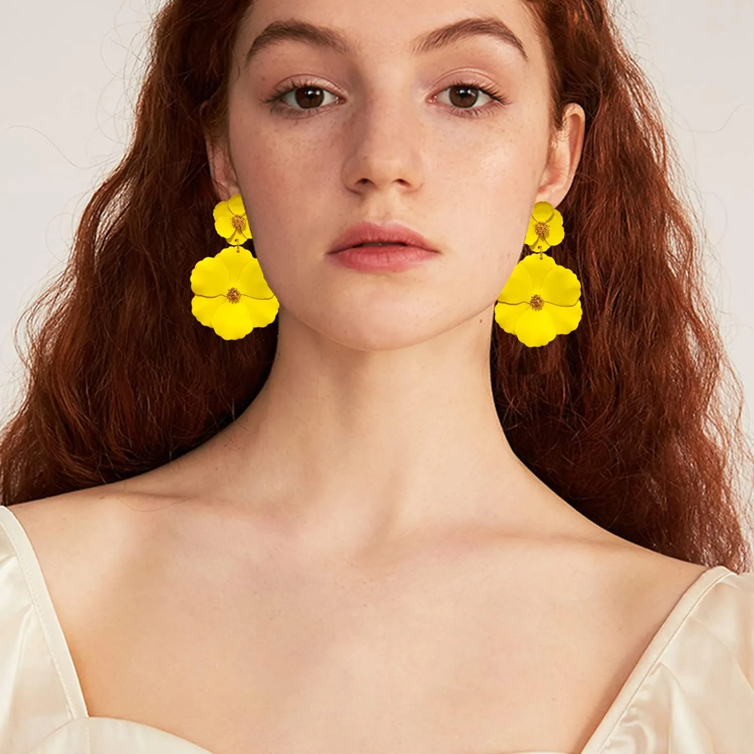 Elegant Chic Large Metal White Flower Dangle Earrings Bohemian Layered Floral Petal Drop Earrings Statement Hypoallergenic Red Flower Stud Earring for Women Wedding Jewelry Gifts