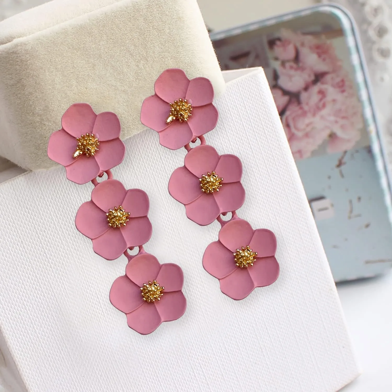 Elegant Chic Large Metal White Flower Dangle Earrings Bohemian Layered Floral Petal Drop Earrings Statement Hypoallergenic Red Flower Stud Earring for Women Wedding Jewelry Gifts