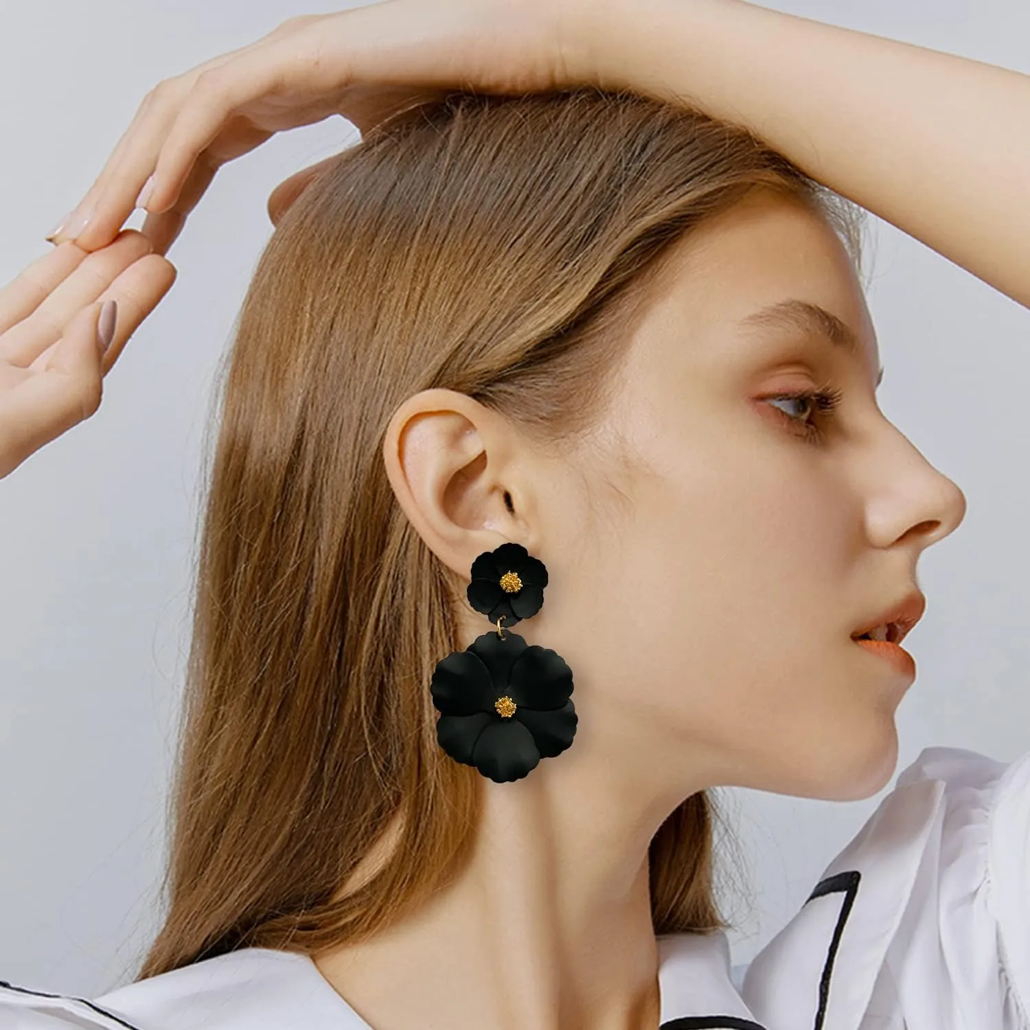Elegant Chic Large Metal White Flower Dangle Earrings Bohemian Layered Floral Petal Drop Earrings Statement Hypoallergenic Red Flower Stud Earring for Women Wedding Jewelry Gifts