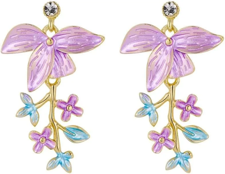 Elegant Floral Enamel Drop Earrings for Women  Hand-Painted Butterfly & Flower Dangle Earrings, 18K Gold Plated Lightweight Statement Jewelry for Weddings, Parties & Everyday Wear
