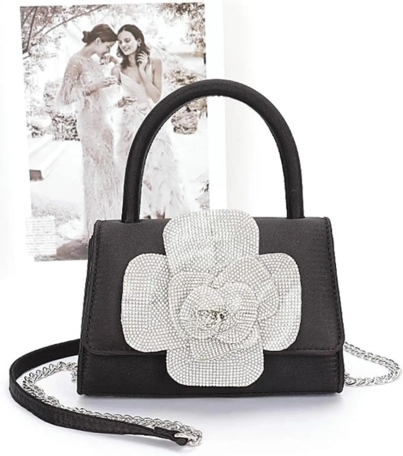 Elegant Rhinestone Flower Satin Clutch Bag Evening Top Handle Purse for Women, Sparkly Wedding Handbag with Chain Strap