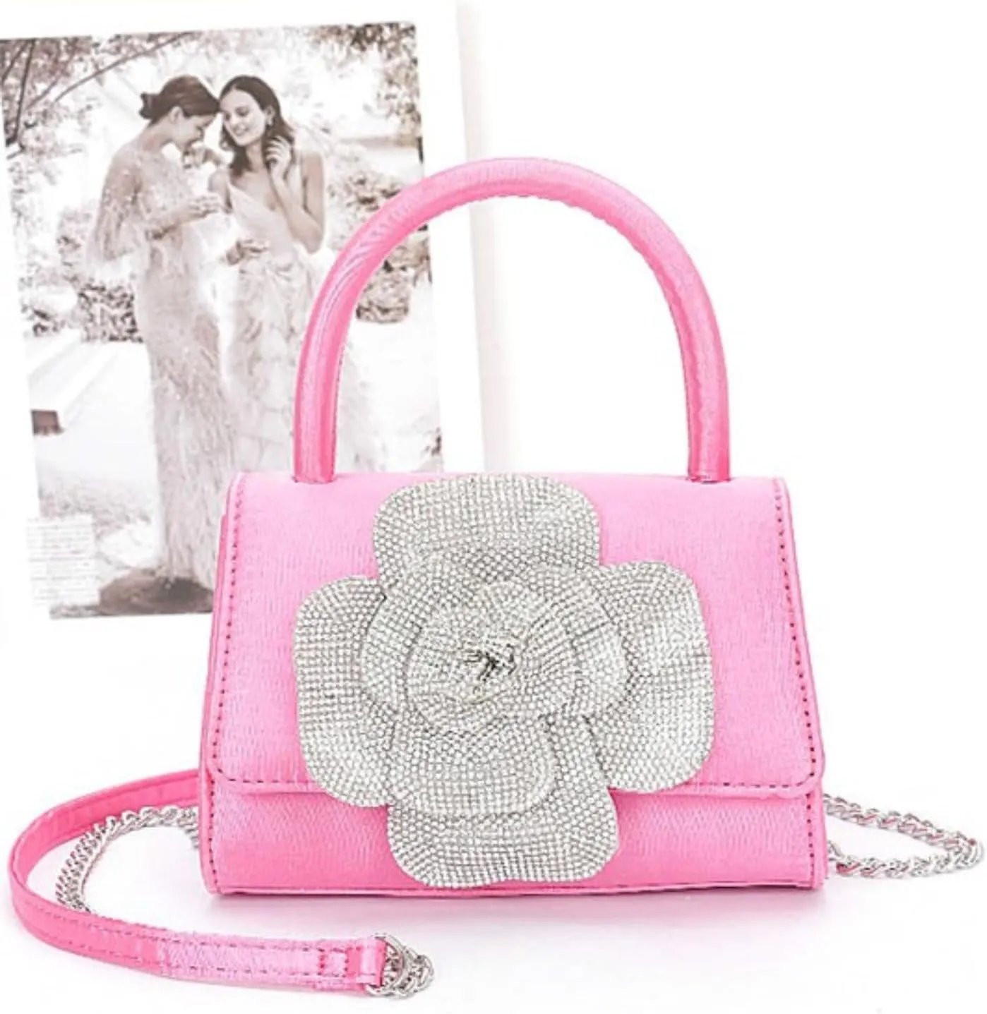 Elegant Rhinestone Flower Satin Clutch Bag Evening Top Handle Purse for Women, Sparkly Wedding Handbag with Chain Strap