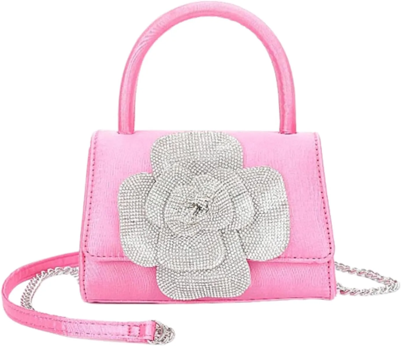 Elegant Rhinestone Flower Satin Clutch Bag Evening Top Handle Purse for Women, Sparkly Wedding Handbag with Chain Strap