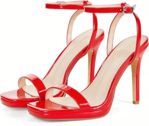 Elisabet Tang Women??s Stilettos Heeled Sandals Open Square Toe Heels,4.3 Inch Open Toe Strappy Sexy High Heels Ankle Strap Buckle Heels for Party Wedding Dress Daily Wear Shoes