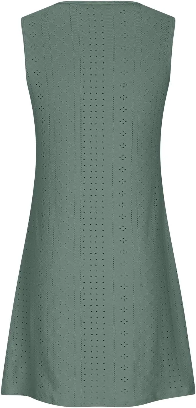 Eyelet Dress for Women, Summer Dresses 2025, Casual Vacation Beach Short Midi Beach Sundresses, Sleeveless Tank Dress