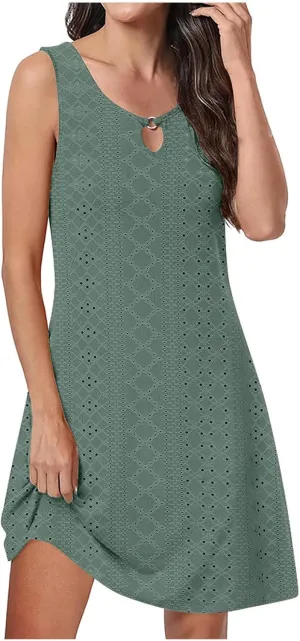 Eyelet Dress for Women, Summer Dresses 2025, Casual Vacation Beach Short Midi Beach Sundresses, Sleeveless Tank Dress