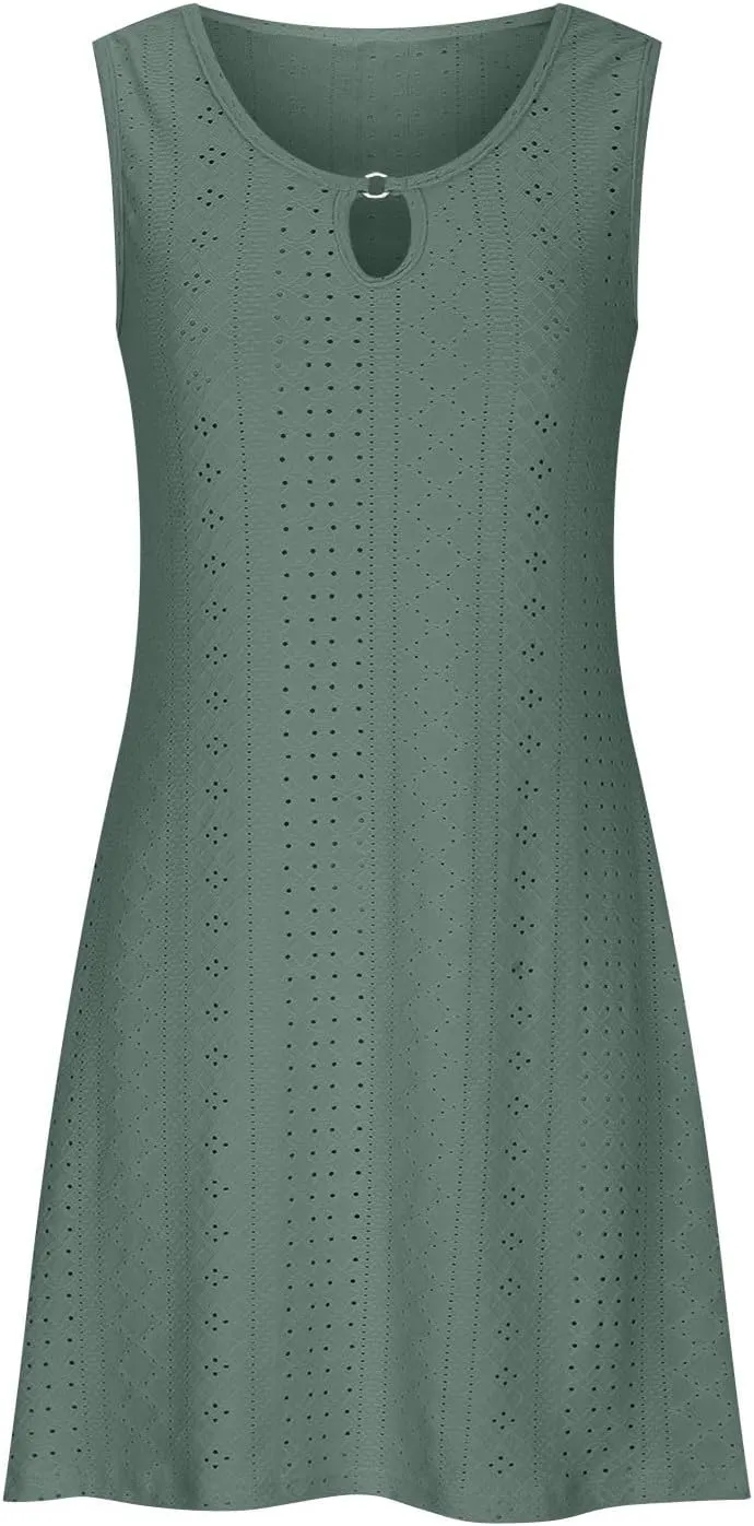 Eyelet Dress for Women, Summer Dresses 2025, Casual Vacation Beach Short Midi Beach Sundresses, Sleeveless Tank Dress