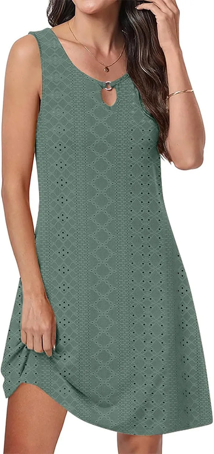 Eyelet Dress for Women, Summer Dresses 2025, Casual Vacation Beach Short Midi Beach Sundresses, Sleeveless Tank Dress