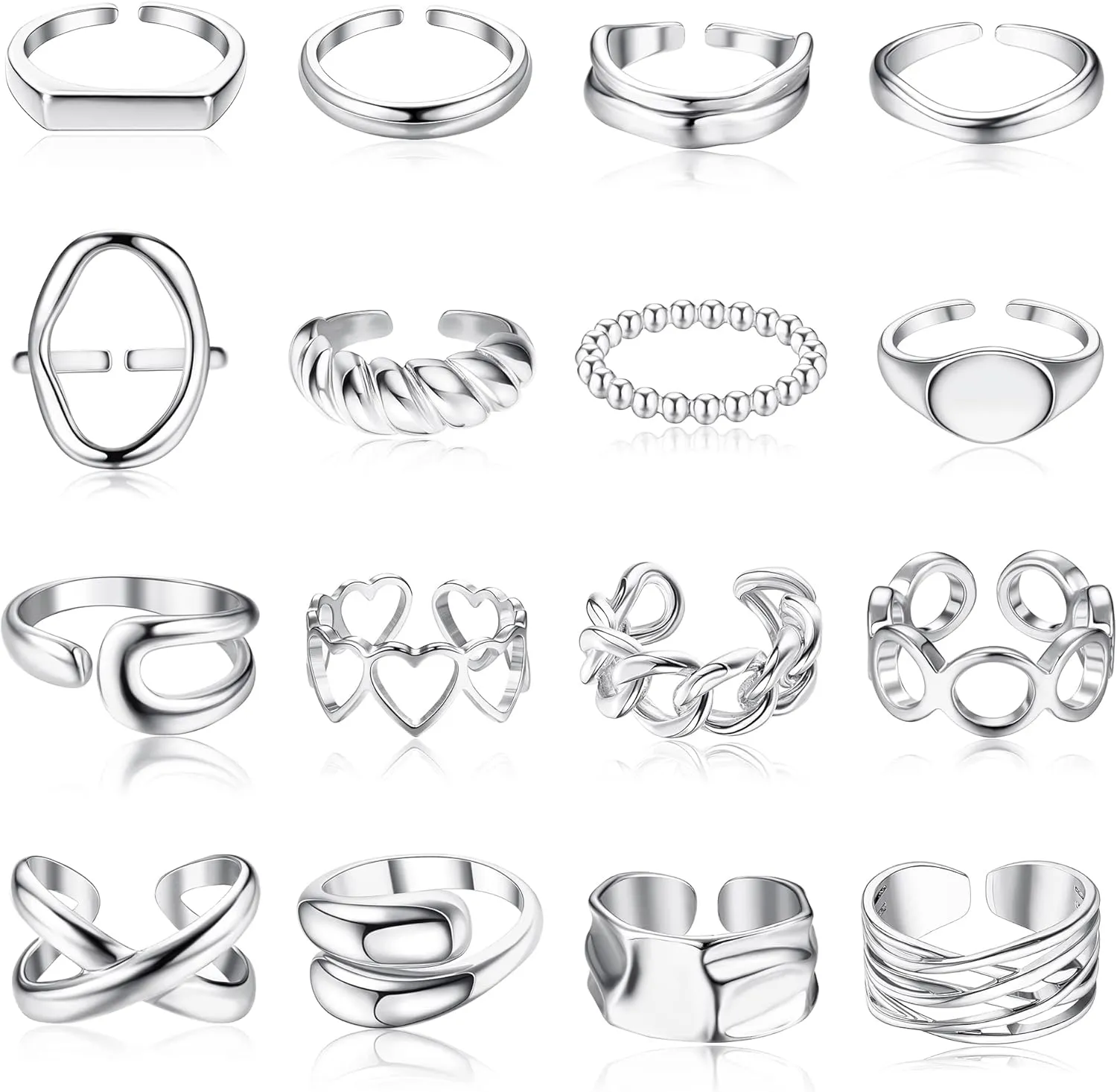 FIBO STEEL 16PCS Gold Dome Chunky Rings for Women 18K Gold Plated Croissant Braided Twisted Stacking Round Signet Adjustable Open Rings Set Size 6-9