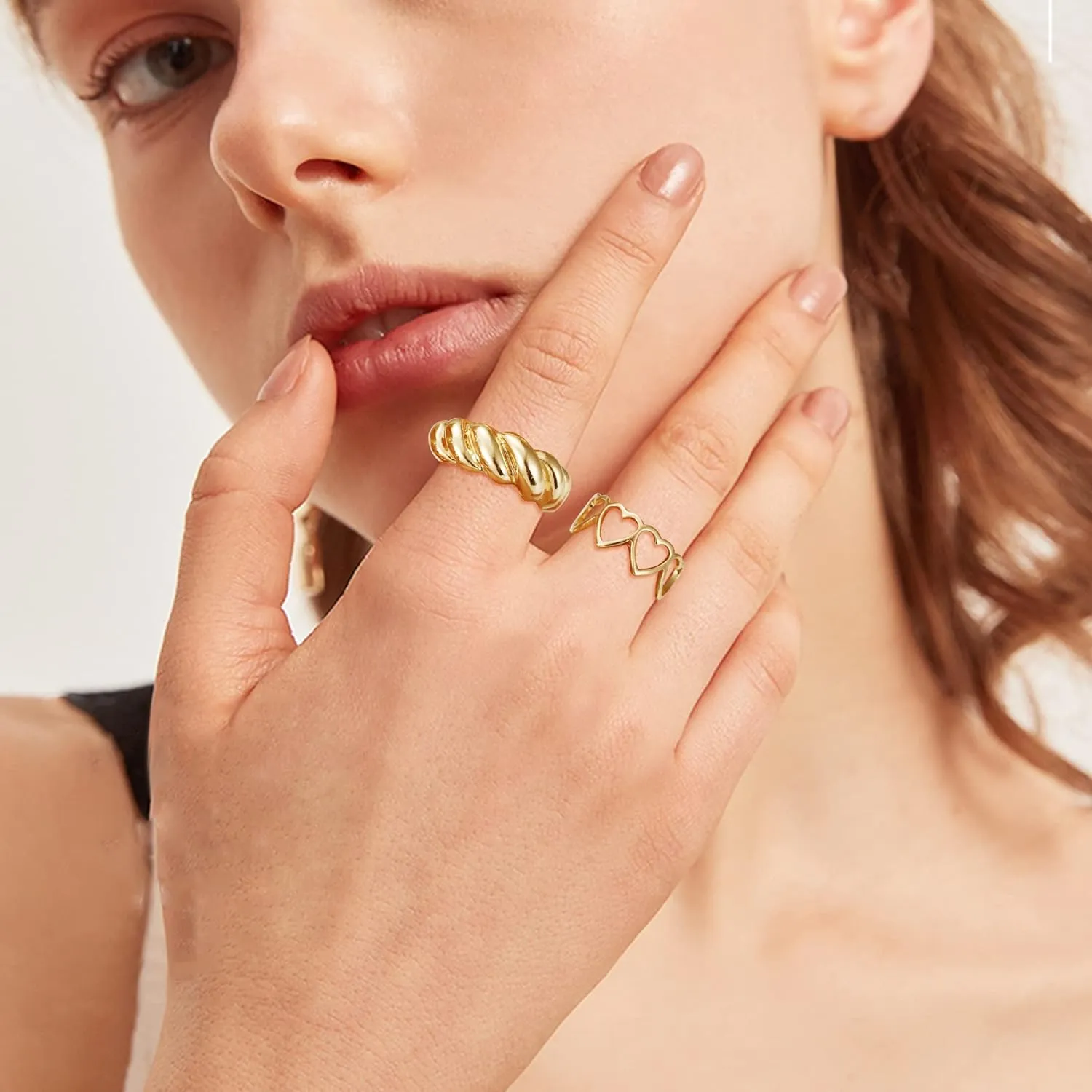 FIBO STEEL 16PCS Gold Dome Chunky Rings for Women 18K Gold Plated Croissant Braided Twisted Stacking Round Signet Adjustable Open Rings Set Size 6-9