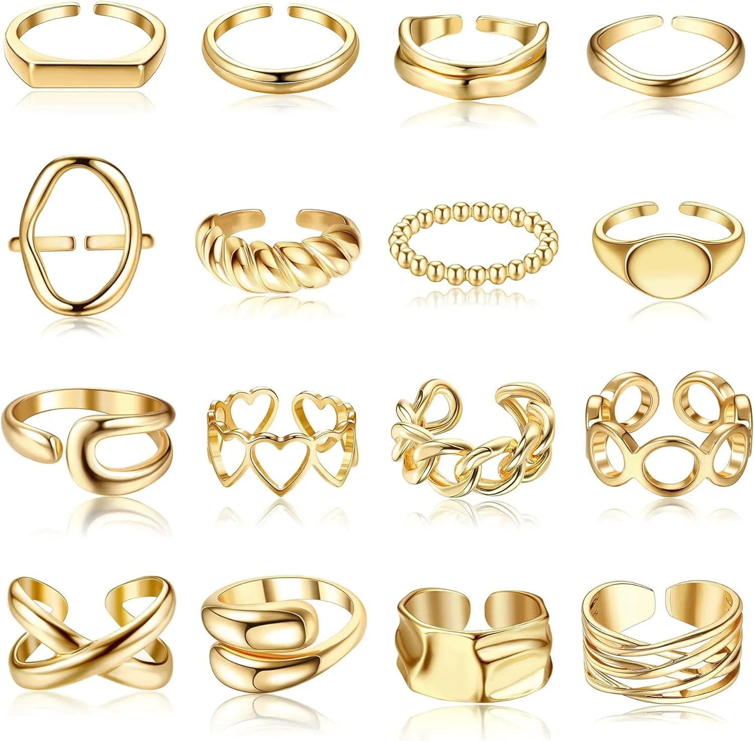 FIBO STEEL 16PCS Gold Dome Chunky Rings for Women 18K Gold Plated Croissant Braided Twisted Stacking Round Signet Adjustable Open Rings Set Size 6-9