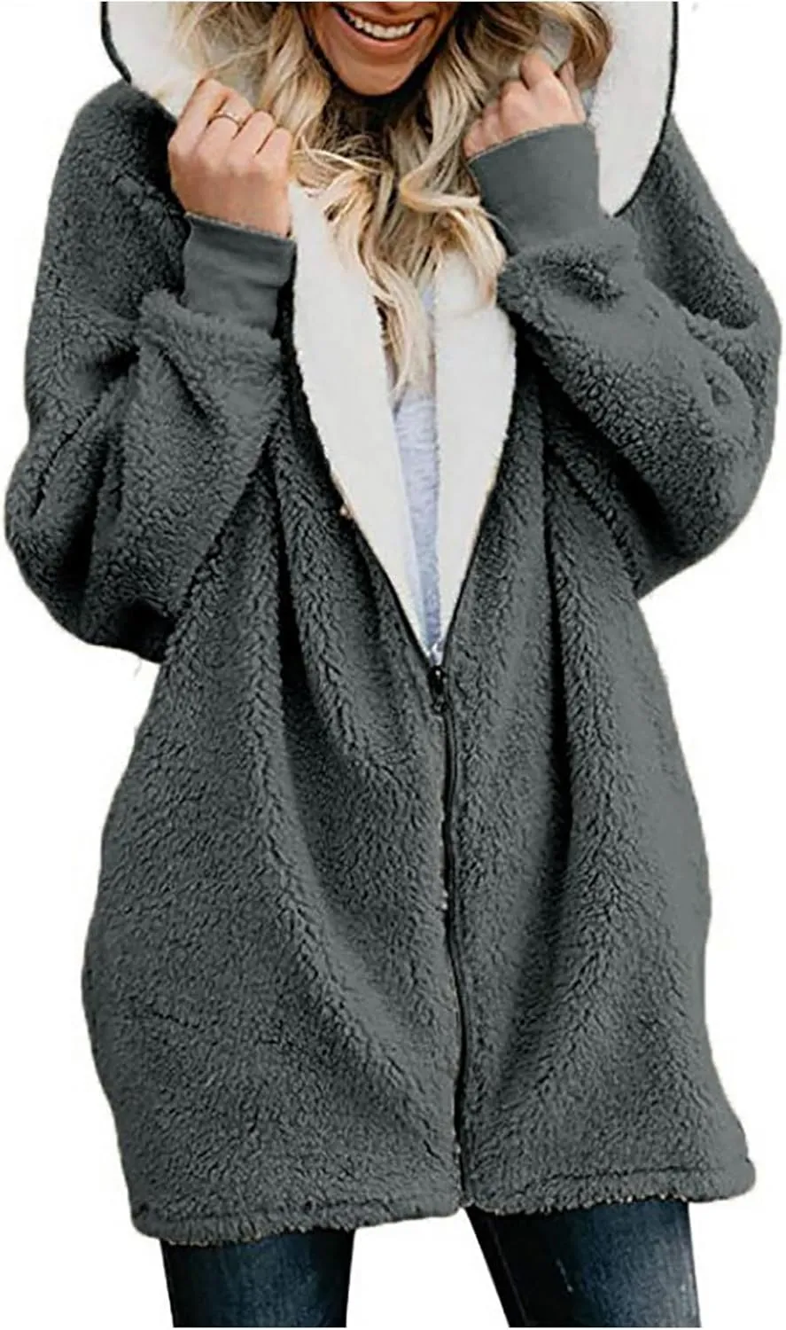 Fleece Jacket Women Sherpa Zip Up Long Sleeve Lapel Hoodies Faux Fur Coats Oversized Cardigan Sweaters Shaggy Outfits