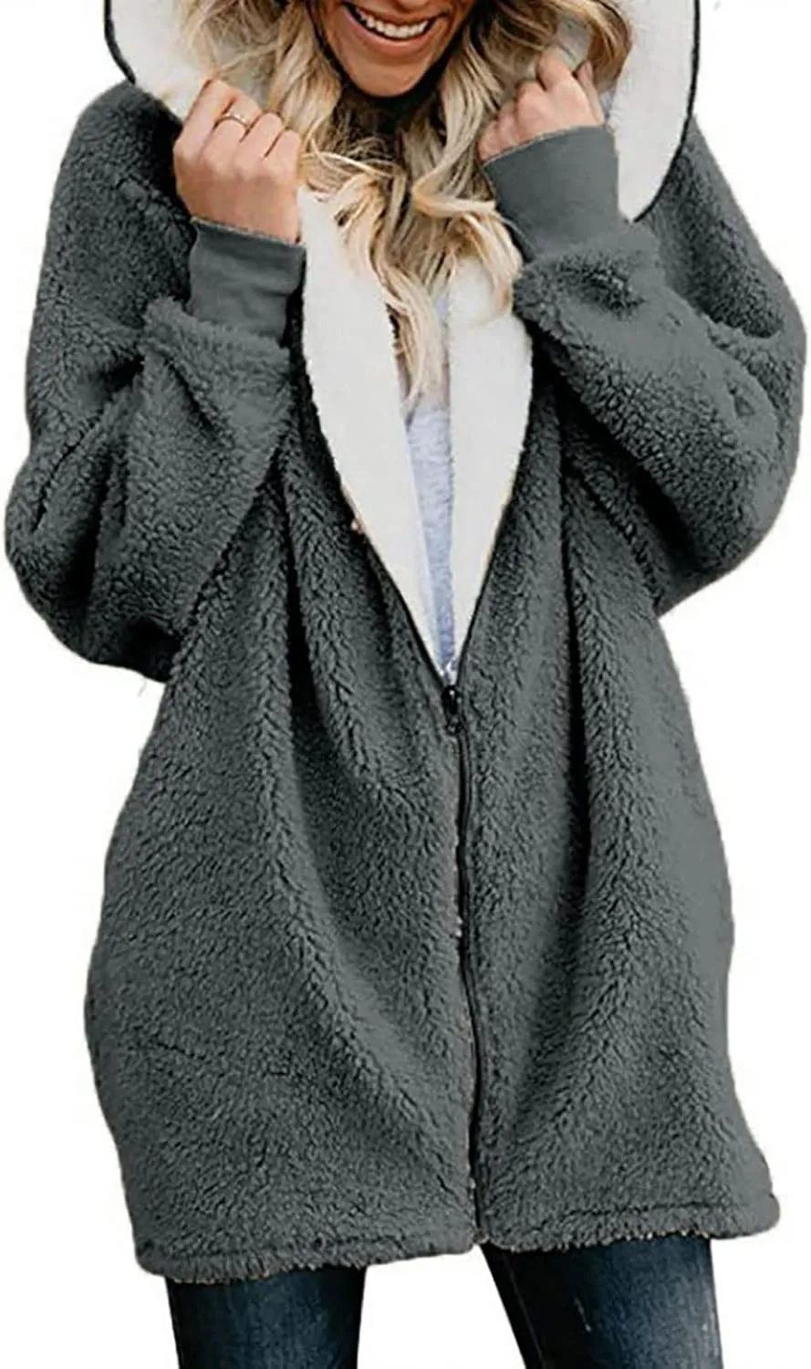Fleece Jacket Women Sherpa Zip Up Long Sleeve Lapel Hoodies Faux Fur Coats Oversized Cardigan Sweaters Shaggy Outfits