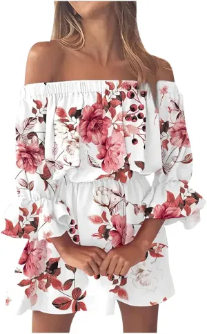 Floral Boho Mini Dresses for Women Sexy Off Shoulder Ruffle Short Dress 2025 Summer Corset Beach Sundresses