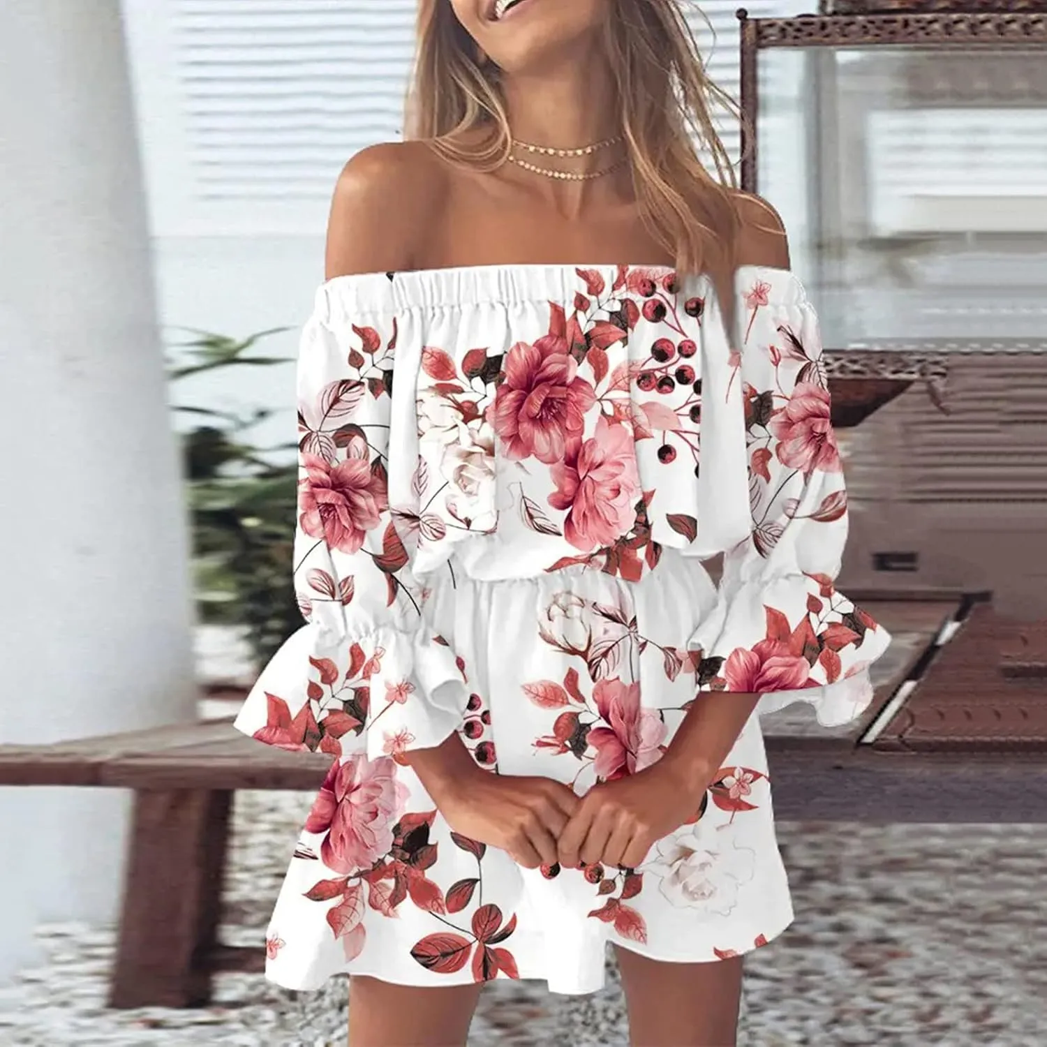 Floral Boho Mini Dresses for Women Sexy Off Shoulder Ruffle Short Dress 2025 Summer Corset Beach Sundresses
