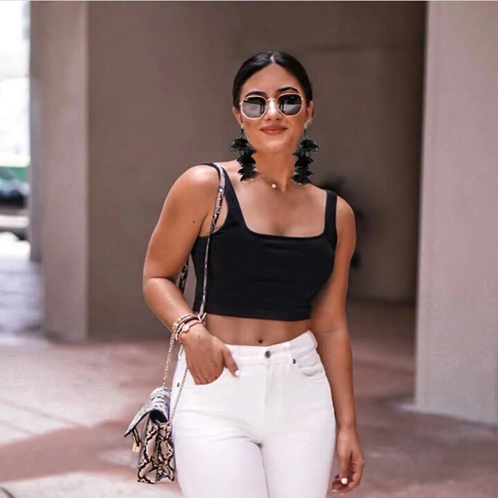 Floral Chiffon Earrings for Women - Tiered Flower Statement Tassel Earrings Long Chandelier Drop Dangle Earrings for Daily Dresses Wedding Holiday Party