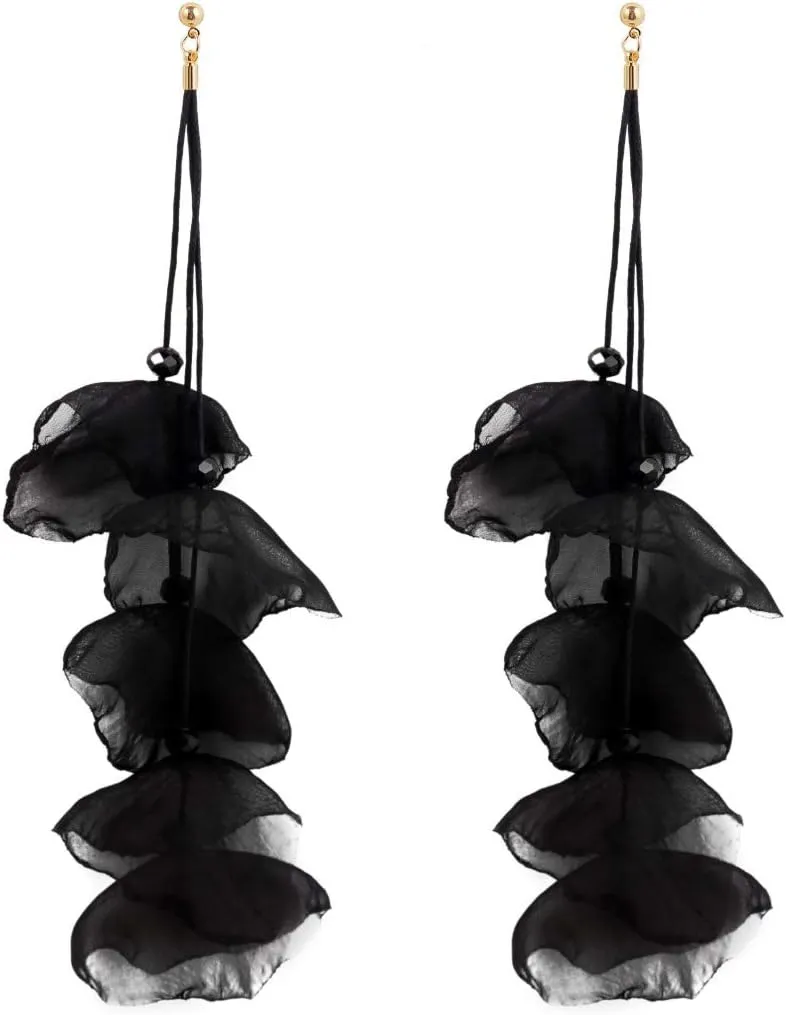 Floral Chiffon Earrings for Women - Tiered Flower Statement Tassel Earrings Long Chandelier Drop Dangle Earrings for Daily Dresses Wedding Holiday Party