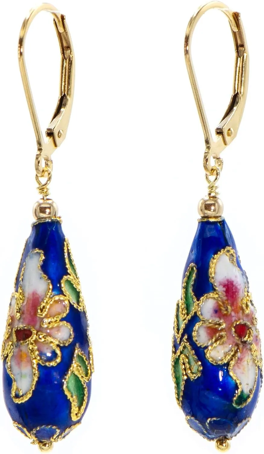 Floral Cloisonne Enameled Teardrop Dangle Earrings