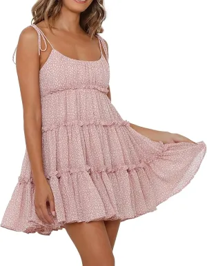 Floral Dress for Women Flowy Chiffon Spaghetti Strap Tiered Ruffle Mini Dress Casual Summer Cute Beach Sundress