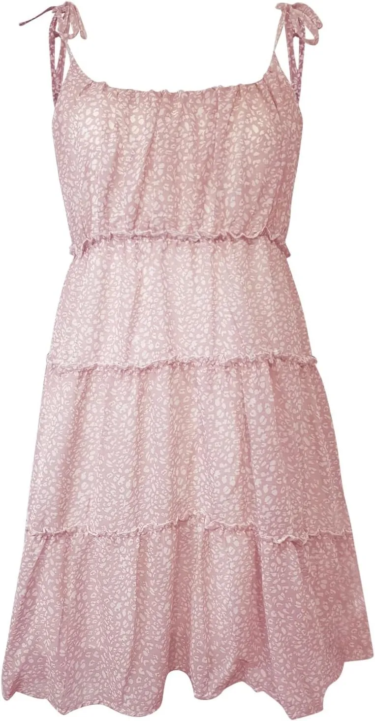 Floral Dress for Women Flowy Chiffon Spaghetti Strap Tiered Ruffle Mini Dress Casual Summer Cute Beach Sundress