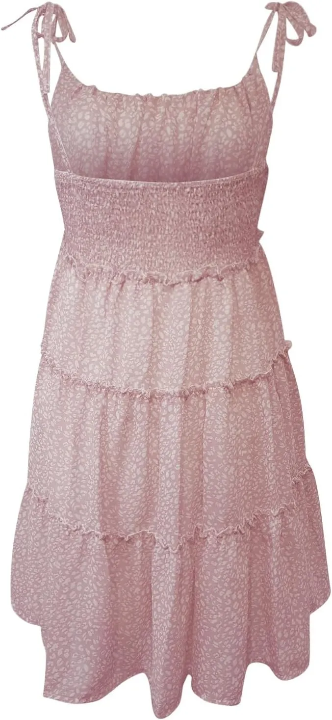 Floral Dress for Women Flowy Chiffon Spaghetti Strap Tiered Ruffle Mini Dress Casual Summer Cute Beach Sundress