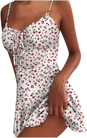 Floral Dresses for Women 2024 Sexy Spaghetti Strap Mini Dress Ruffle Tie Corset Sundress High Waist Summer Dresses