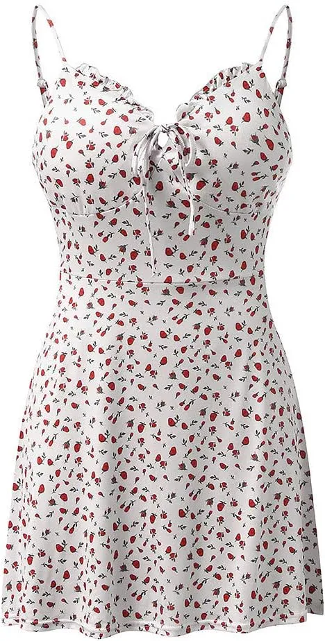 Floral Dresses for Women 2024 Sexy Spaghetti Strap Mini Dress Ruffle Tie Corset Sundress High Waist Summer Dresses