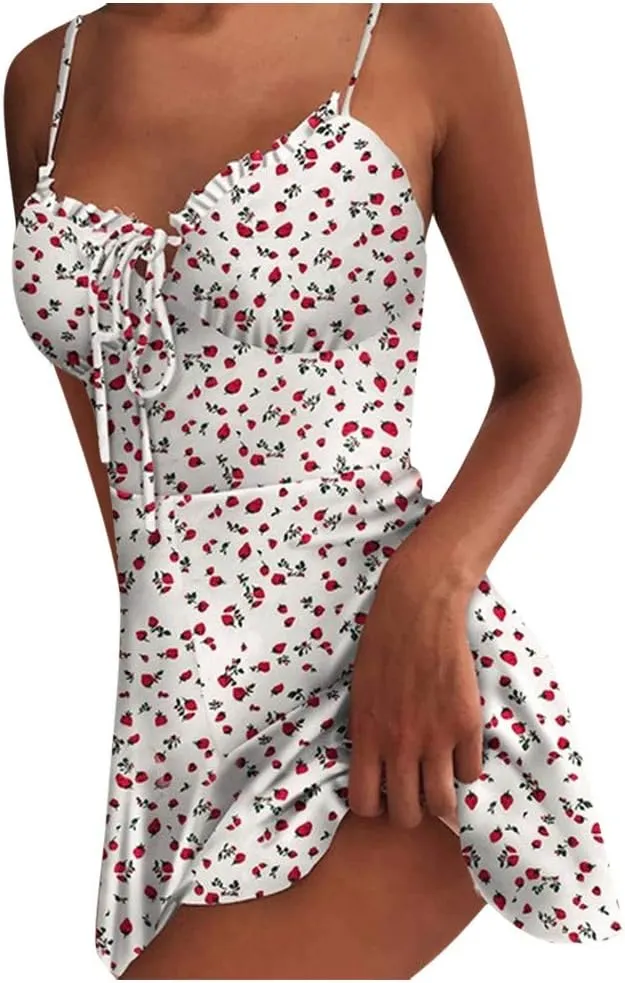 Floral Dresses for Women 2024 Sexy Spaghetti Strap Mini Dress Ruffle Tie Corset Sundress High Waist Summer Dresses
