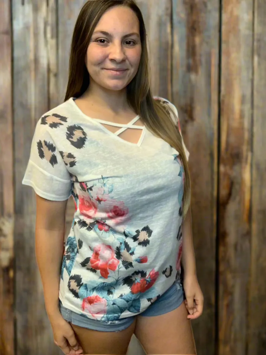 Floral Leopard Half Sleeve Waffle Top