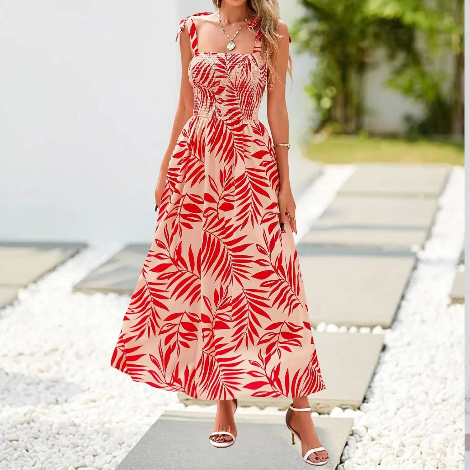 Floral Maxi Dress Summer Boho Beach Vacation Tie Strap Smocked Empire Waist Long Fit and Flare Dress with Pockets